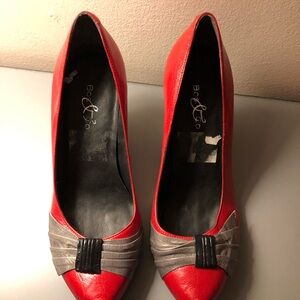 Red leather upper retro style heels with grey trim. Never worn. Size 6.